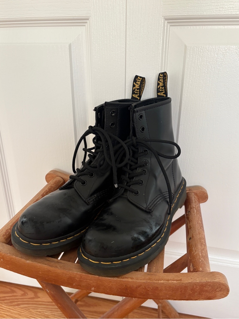 Dr. Martens Black Leather Lace-Up Combat Boots with Yellow Stitching